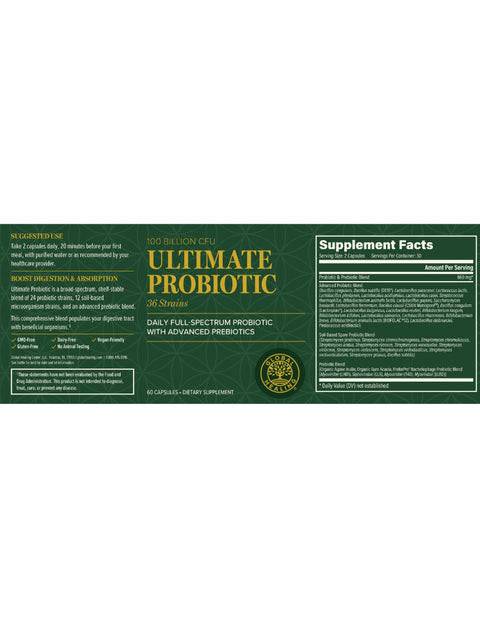 Ultimate Probiotic, 36 Strains, 100 Billion, 60 Caps, Global Healing, Label