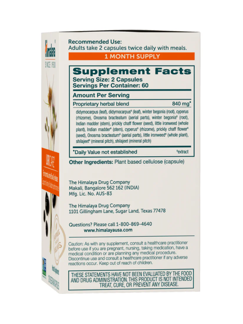 A box of Himalaya Ayurvedic Uricare supplement capsules, showing the front supplement facts panel and side branding on a white background.