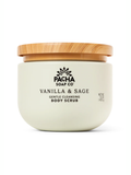 Pacha Soap Co Vanilla & Sage body scrub with a wooden lid on a white background
