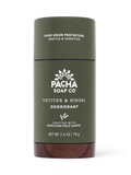 Pacha Soap Co Vetiver & Hinoki Deodorant stick in an olive green container with a dark brown wood-grain patterned base, shown on a white background.