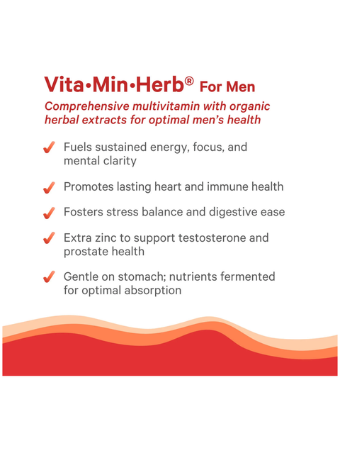 Vita-Min-Herb For Men multivitamin product description on a white background
