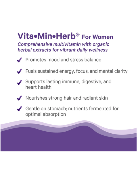 Vita Min Herb for Women supplement packaging with text on a white background