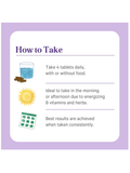 Instructional card on how to take VitaMinHerb®, Multivitamin for Women, 120 Tablets, by Pure Synergy, with a purple border