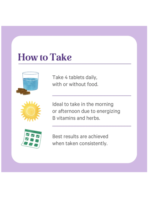 Instructional card on how to take VitaMinHerb®, Multivitamin for Women, 120 Tablets, by Pure Synergy, with a purple border