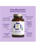 Vita-Min-Herb Women's Multivitamin bottle with purple background and feature text.