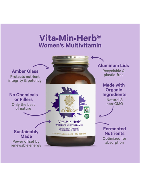 Vita-Min-Herb Women's Multivitamin bottle with purple background and feature text.