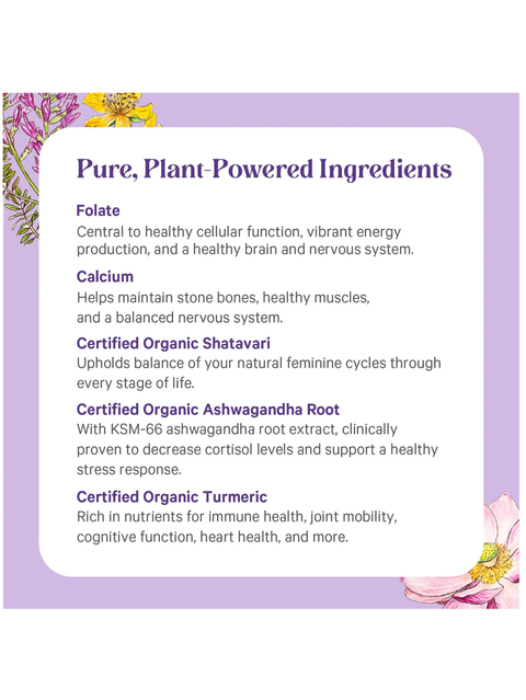 List of pure, plant-powered ingredients with a purple border and floral elements for vita min herb for women by pure synergy