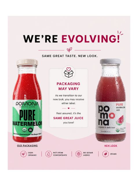 A promotional comparison graphic for Pomona Pure Watermelon juice showing two bottles side by side with text explaining a packaging transition. The left bottle has the old green label, and the right bottle has the new white label.
