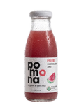 A bottle of Pomona Pure Watermelon Juice with condensation droplets, featuring a white label with red and black text and a watermelon graphic, on a white background.