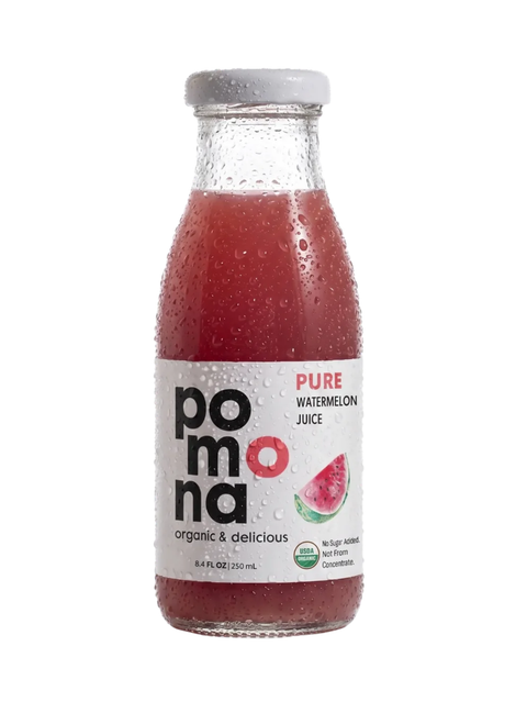 A bottle of Pomona Pure Watermelon Juice with condensation droplets, featuring a white label with red and black text and a watermelon graphic, on a white background.