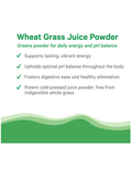 Wheat grass juice powder by Pure Synergy, description with green text and checkmarks on a white background