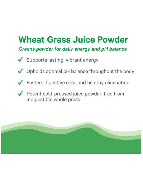Wheat grass juice powder by Pure Synergy, description with green text and checkmarks on a white background