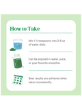 Instructions on how to take Wheat Grass Juice Powder by Pure Synergy with a green border