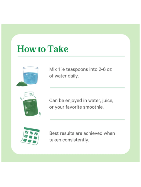 Instructions on how to take Wheat Grass Juice Powder by Pure Synergy with a green border