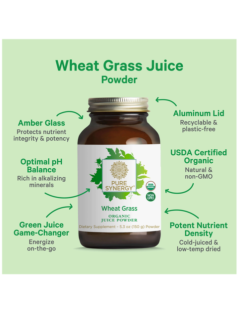 Wheat Grass Juice Powder, by Pure Synergy, container with green background and feature text