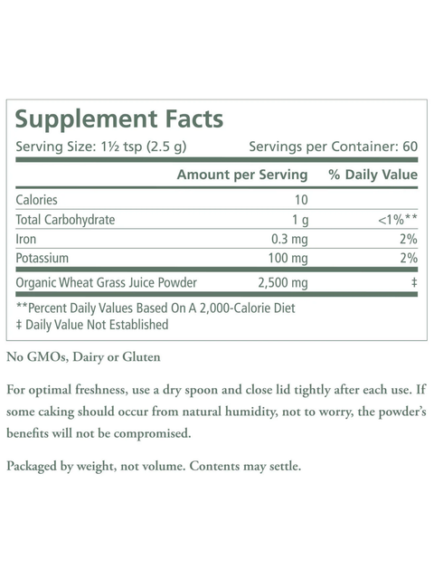 Supplement facts label for Organic Wheat Grass Juice Powder, by Pure Synergy, on a white background