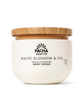 Jar of Pacha Soap Co White Blossom & Fig body scrub with wooden lid on a white background