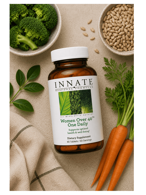 Women Over 40, One Daily, 60 Tabs, Innate Response Formulas laying with ingredients