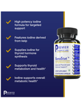 Bottle of Premier Research Labs XenoStat supplement with product details on a blue background