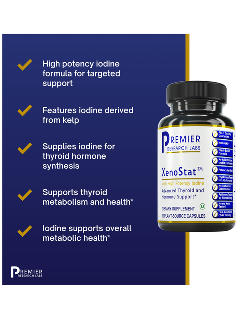 Bottle of Premier Research Labs XenoStat supplement with product details on a blue background