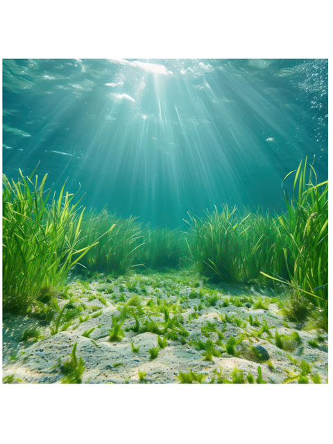 Underwater scene with sunlight filtering through water and grass-like plants on a sandy bottom.