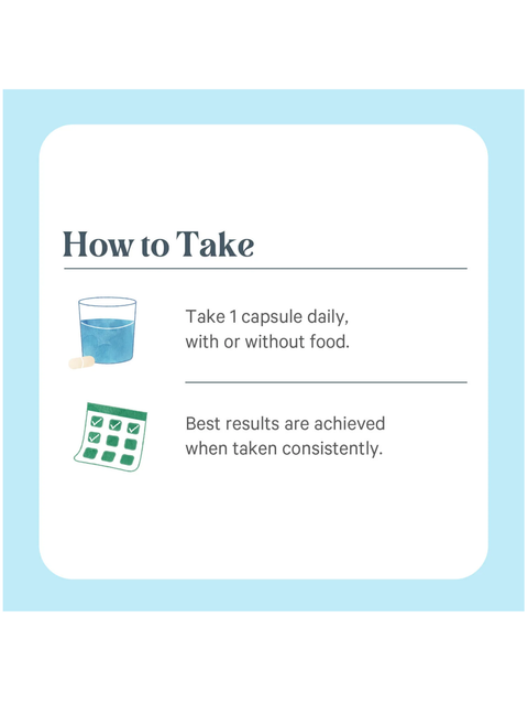 Instruction card on how to take Zinc Complex™, 60 Caps, by Pure Synergy, with water, on a light blue background