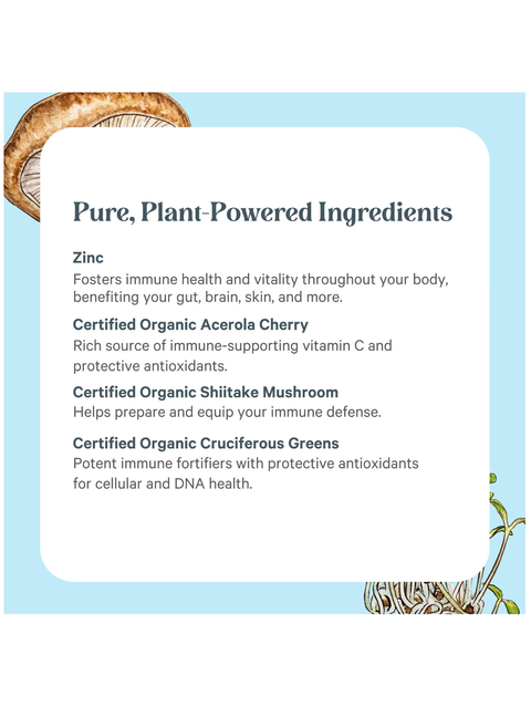 Product label with ingredients and their benefits on a light blue background
